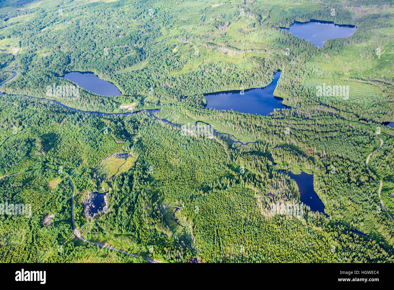 Durgin Pond (middle left), Little Berry Pond (middle right), and Big Berry Pond (top), in the Cold Stream watershed in industrial timberland in Maine' Stock Photo