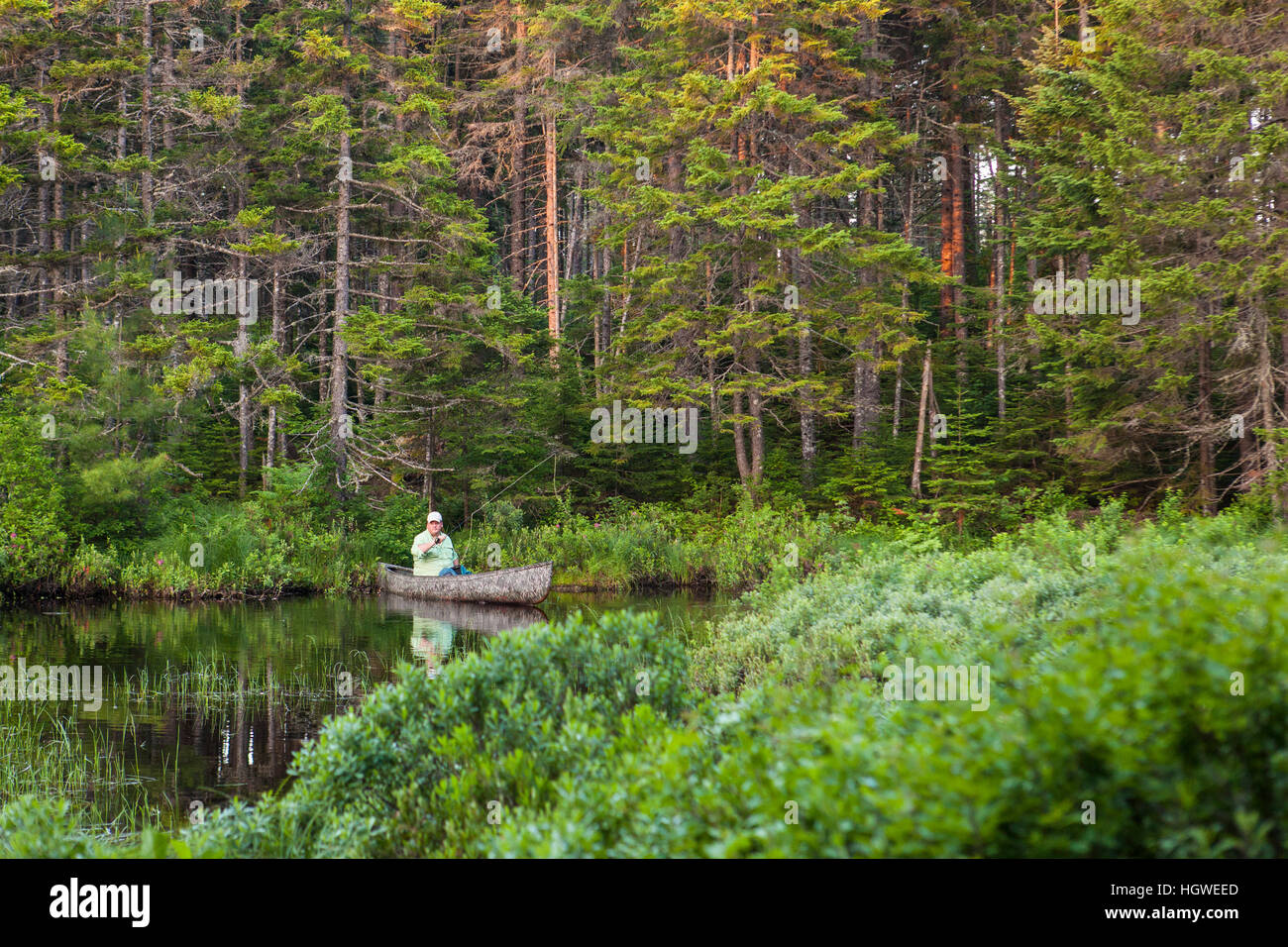 A man flyfishing on Little Berry Pond in Maine's Northern Forest. Cold