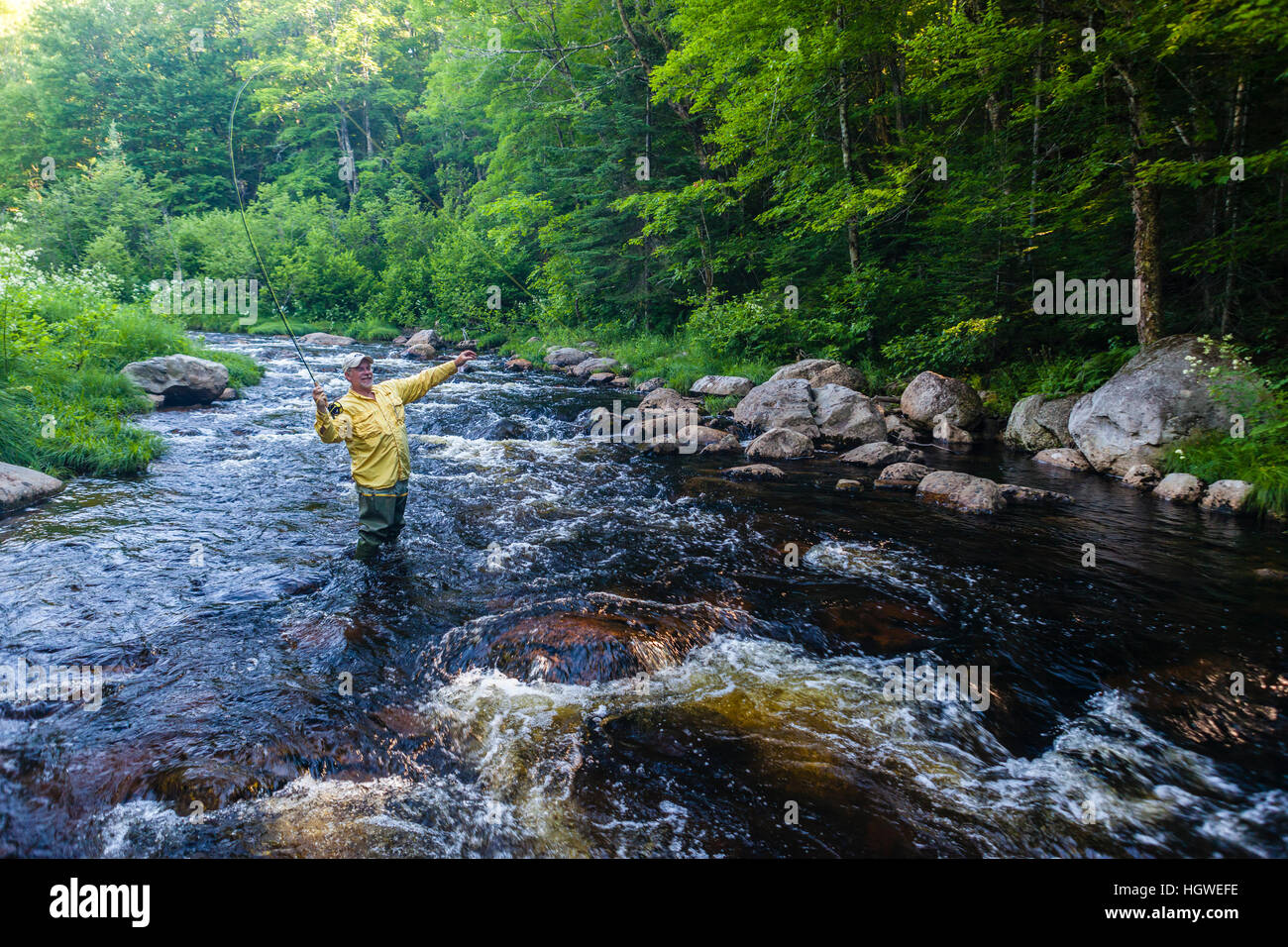 A man fly-fishing for brook trout in Cold Stream in Maine's Northern