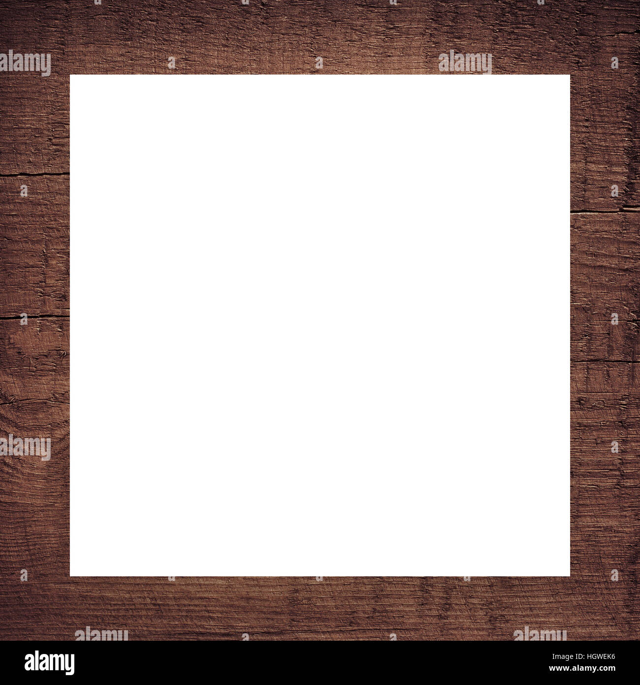 Brown scratched wooden frame, billboard or white horizontal rectangle Stock Photo