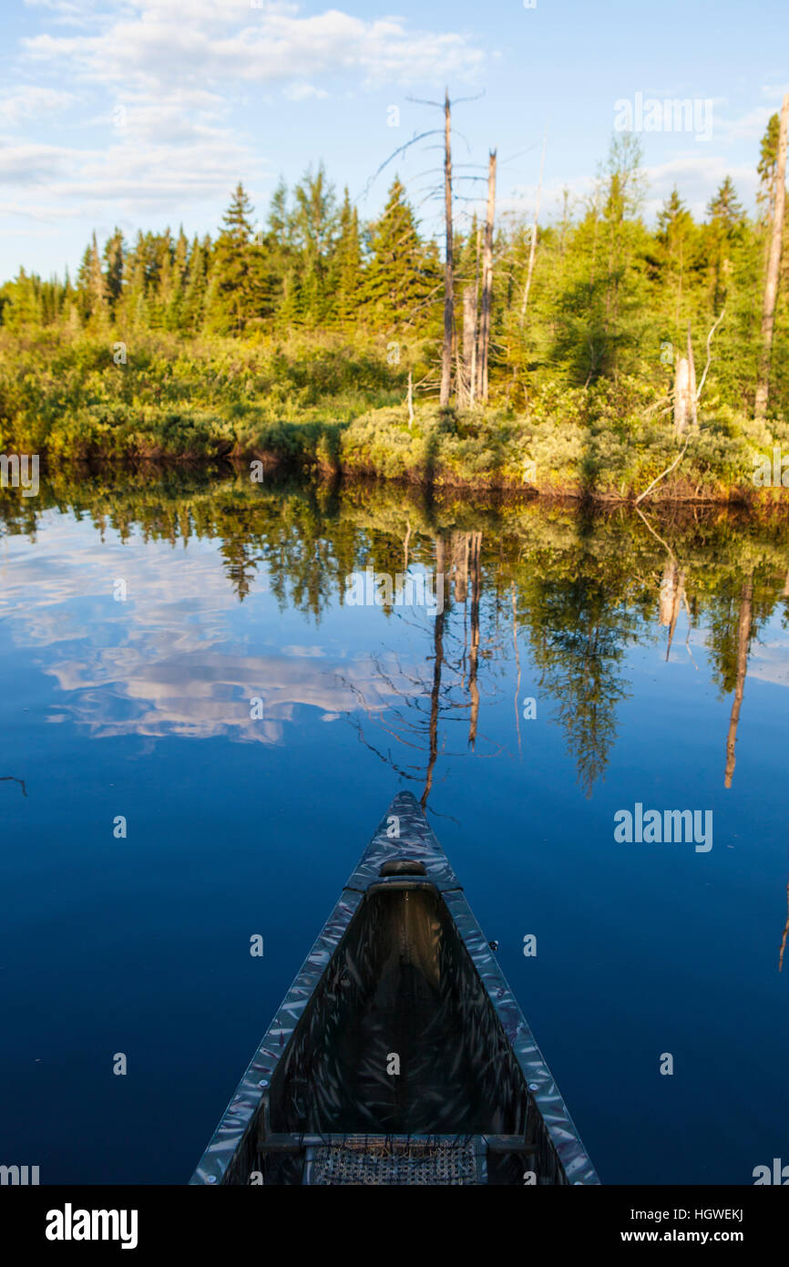 A canoe on the Cold Stream "deadwater" above Upper Cold Stream Falls in Maine's Northern Forest. Johnson Mountain Township. Stock Photo