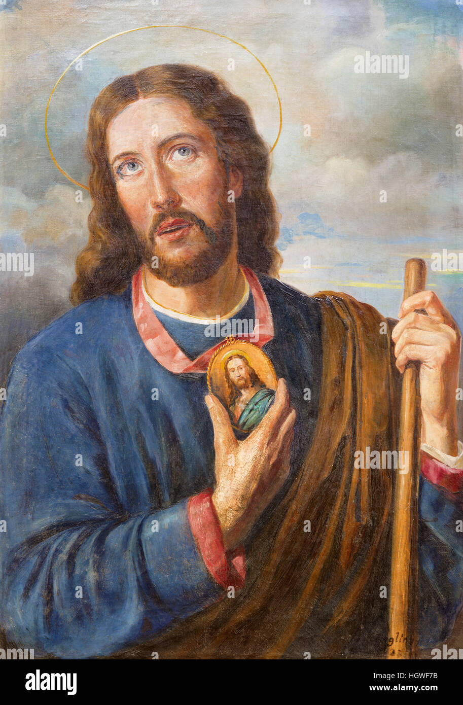 VIENNA, AUSTRIA - DECEMBER 19, 2014: Paint of apostle Saint Jude Thaddeus in church Kirche St. Laurenz (Schottenfelder Kirche) Stock Photo