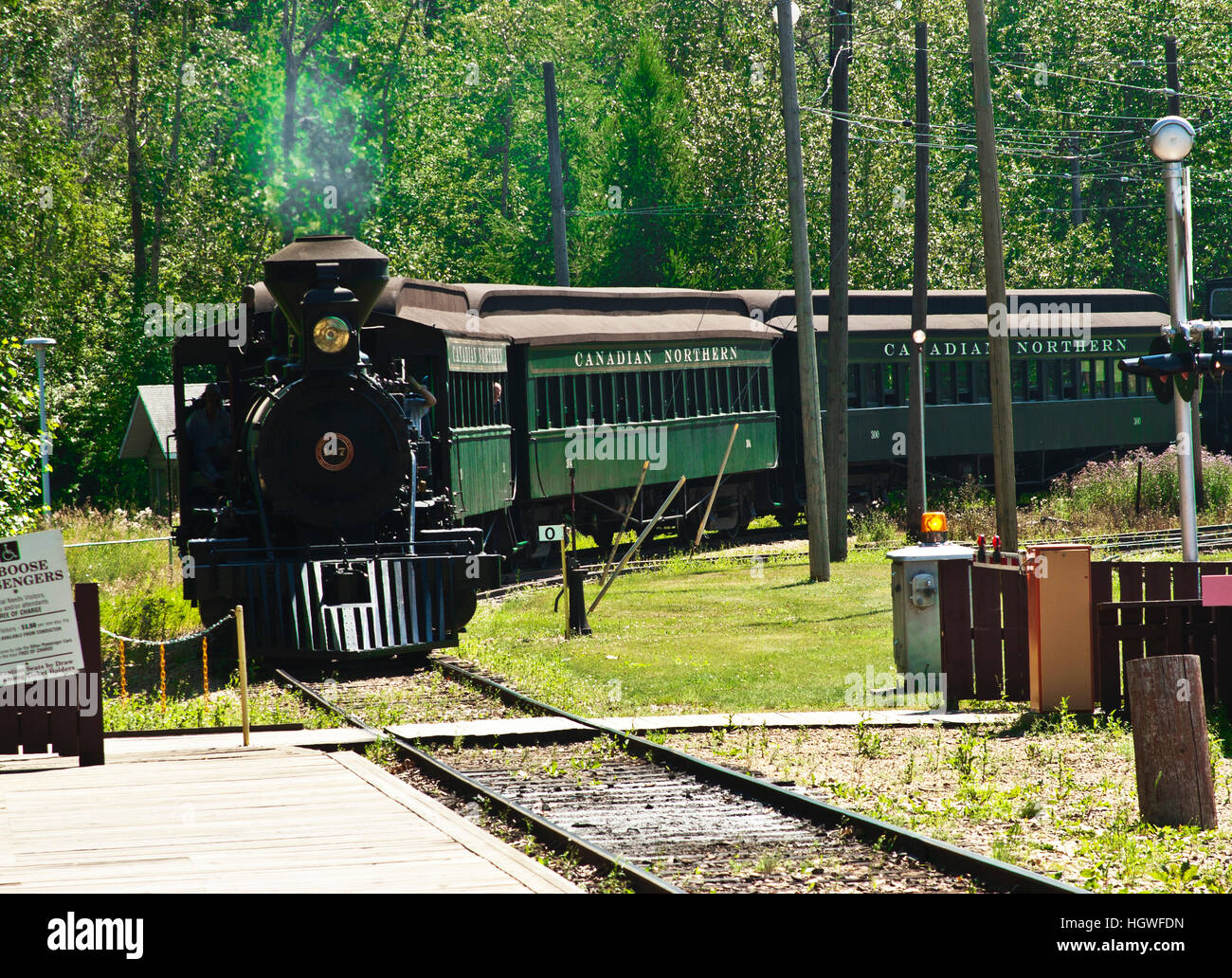 Fort Edmonton, Alberta, Canada, a vintage steam engine arriving at the