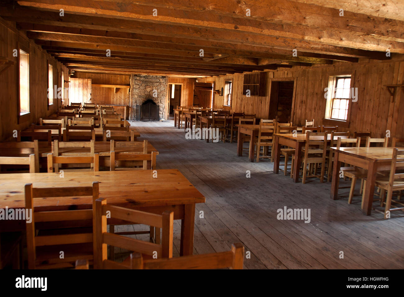 Fort Edmonton, Alberta, Canada, British fort that became Edmonton, interior of a log dining and meeting room Stock Photo