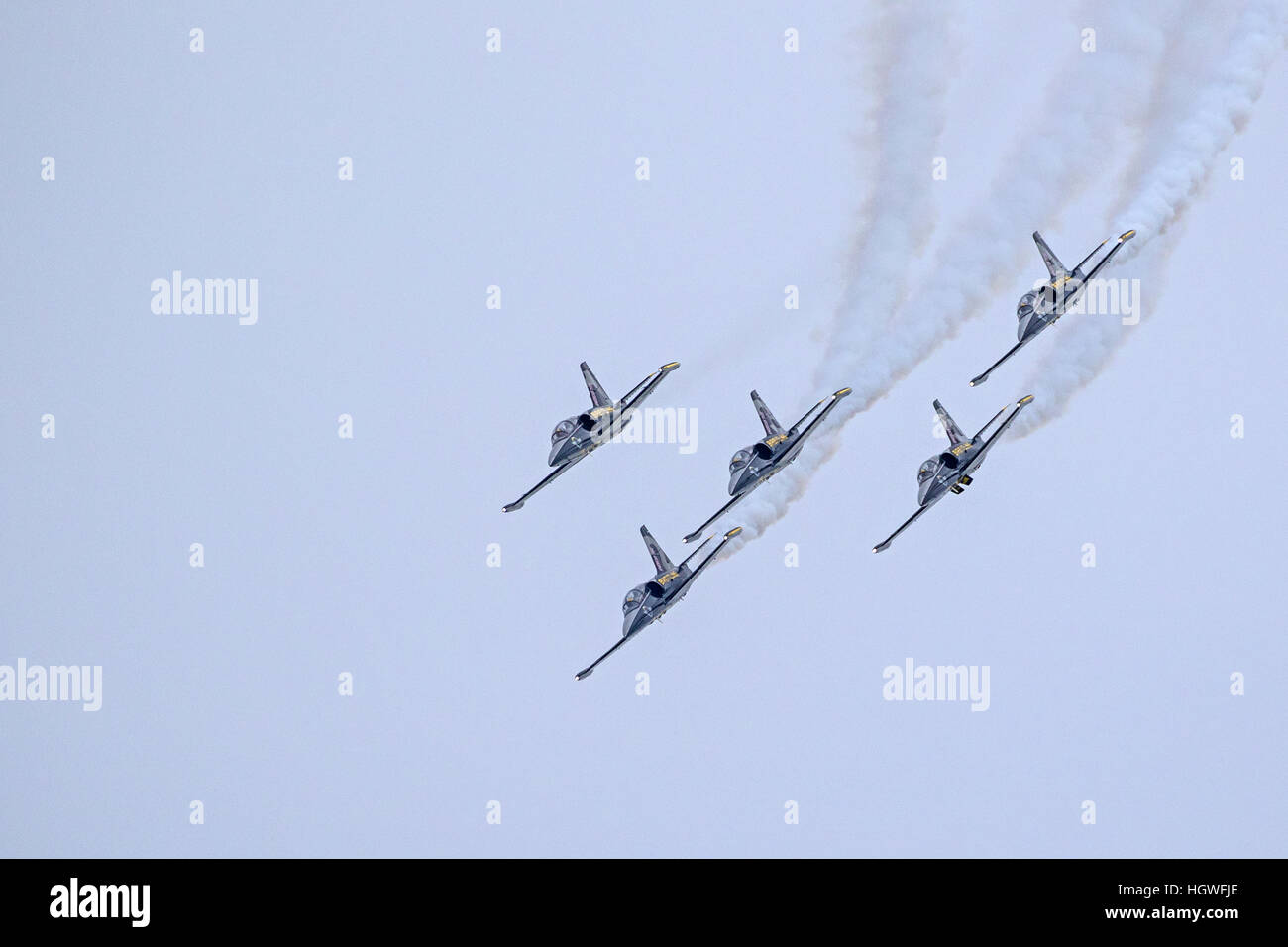 Airplane Breitling Jet Team L-39 Albatross fighters flying at 2016 Huntington Beach Air Show in California Stock Photo
