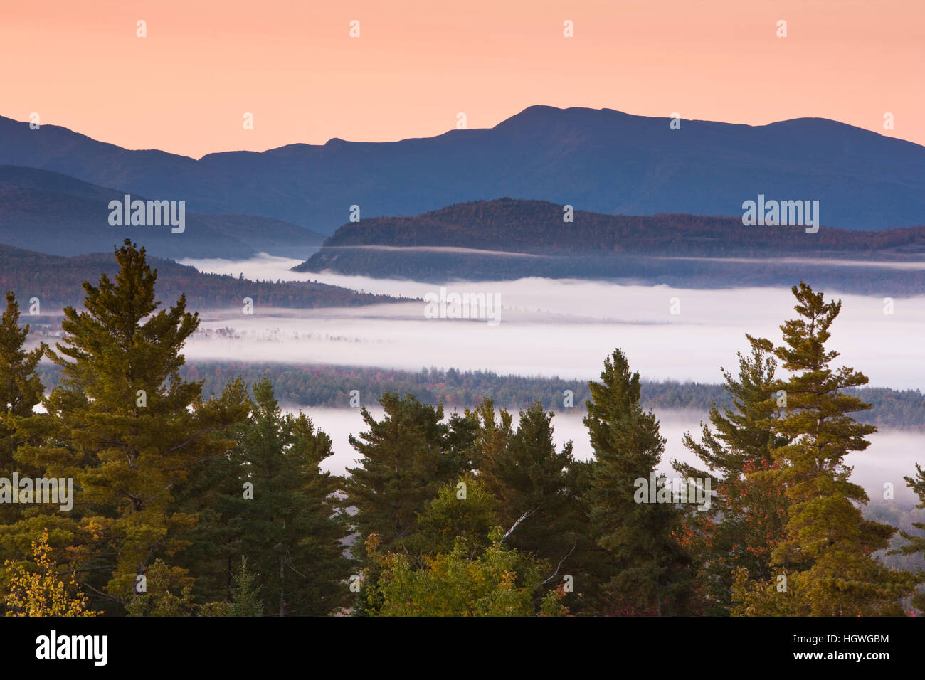 Morning fog as seen from the fire tower at Milan Hill State Park in Milan, New Hampshire Stock