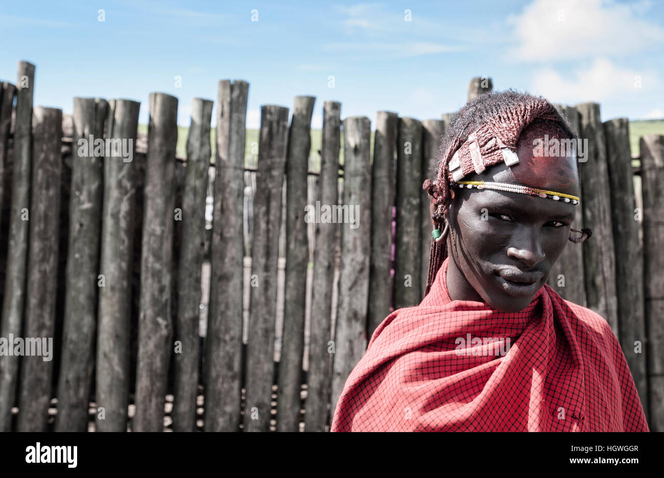 Every day life reportage in Maasai village at the Ngorongoro Conservation Area en route to Ngorongoro Crater, Tanzania. Stock Photo