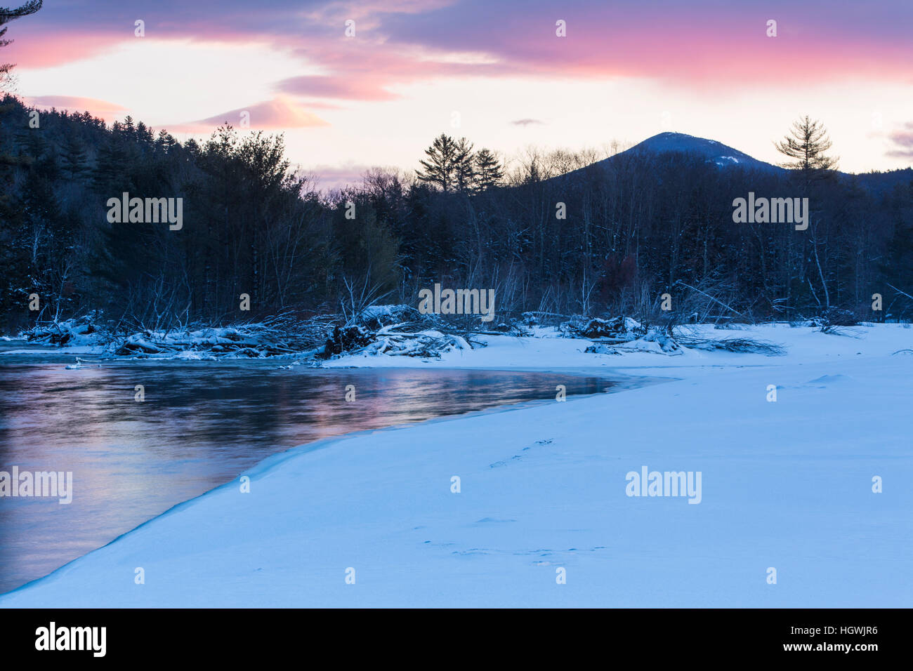 Dawn over the Saco River in New Hampshire's White Mountains. Winter
