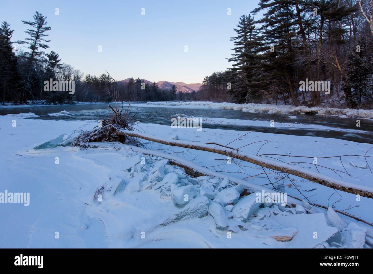 Dawn over the Saco River in New Hampshire's White Mountains. Winter
