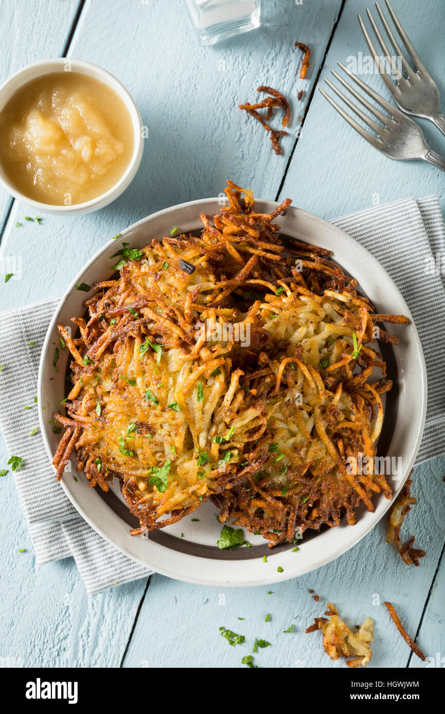 Homemade Traditional Potato Latkes with Apple Sauce Stock Photo