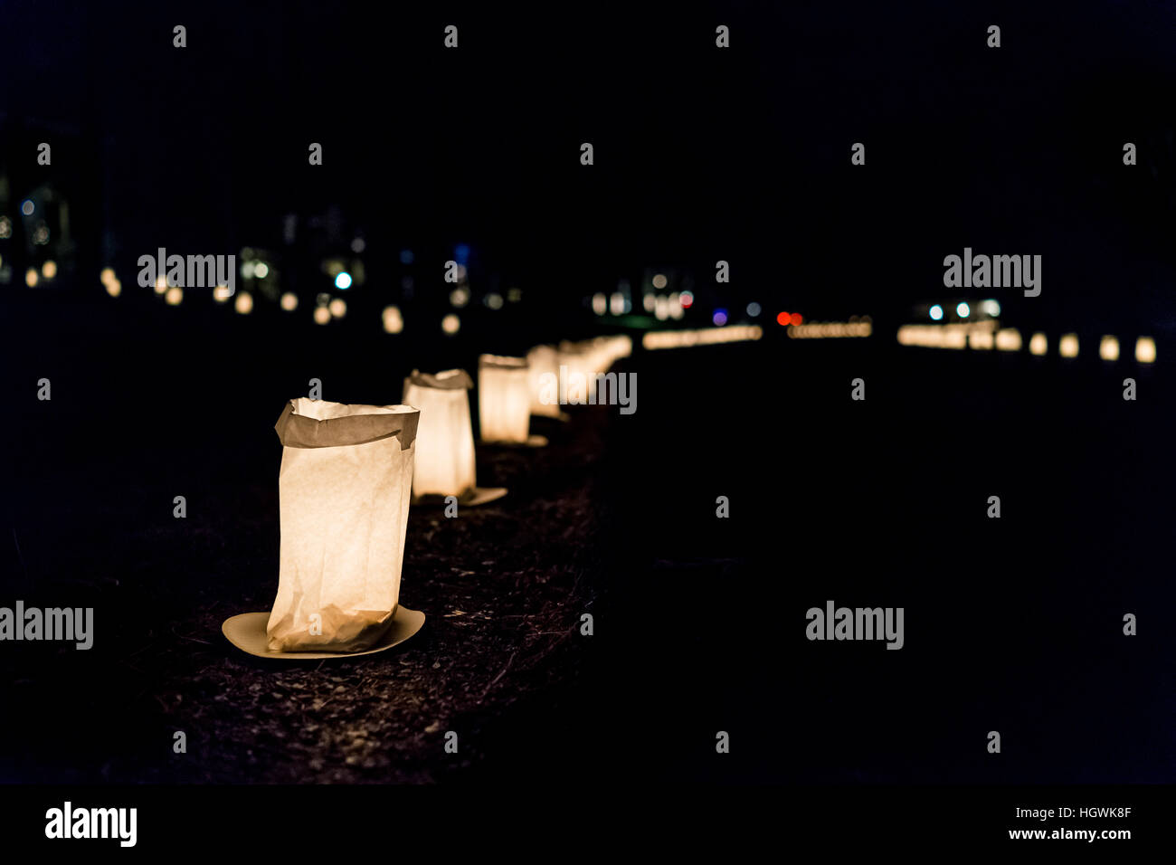 Christmas Eve Candle Lights In Paper Bags At Night Stock Photo 130871007 Alamy