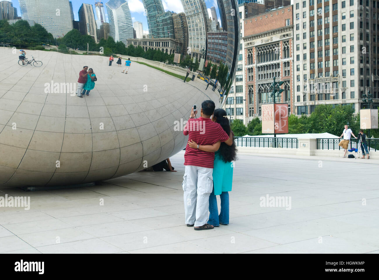 "Cloud Gate" (The Bean) sculpture in Millennium Park in downtown Chicago, Illinois.  Cloud Gate is a three-story steel sculpture Stock Photo