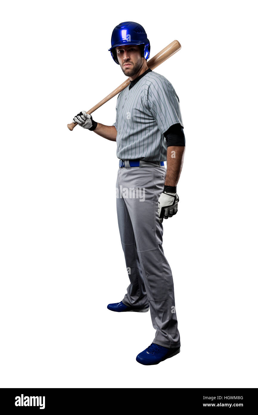 Baseball Player in a blue uniform, on a white background Stock Photo