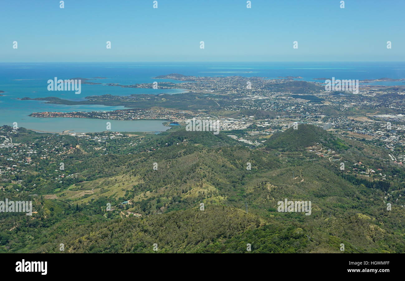 Aerial view of the peninsula of Noumea and the city, southwest coast of Grande Terre island, New Caledonia, south Pacific ocean Stock Photo