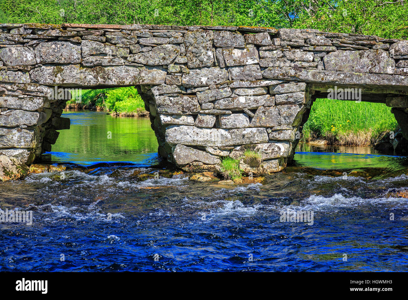Close up of the old stone Honndola Bridge,  Sogn og Fjordane, Norway taken on a Spring morning. Stock Photo