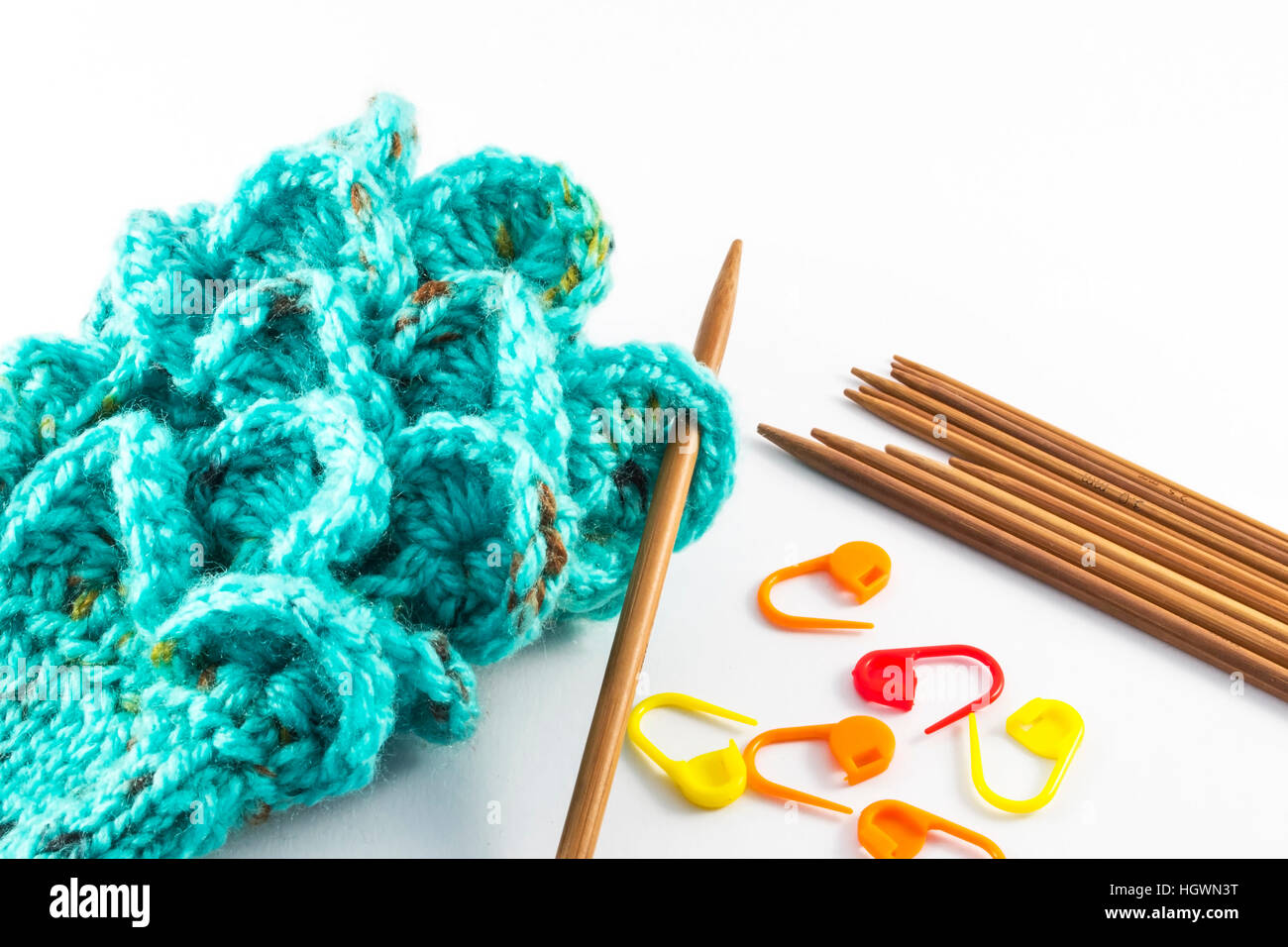 Crochet hooks and wool on white background Stock Photo Alamy