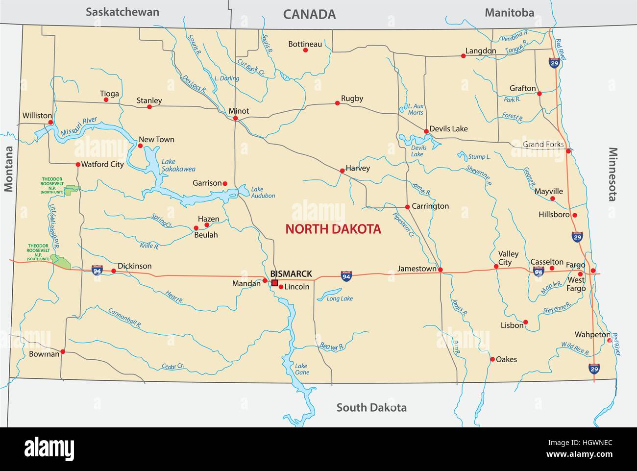 north dakota road map Stock Vector