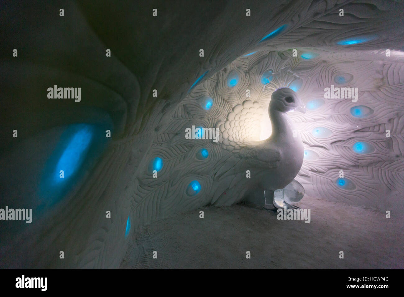 Peacock made of ice, Icehotel, Jukkasjärvi, Lapland, Norrbotten County, Sweden Stock Photo