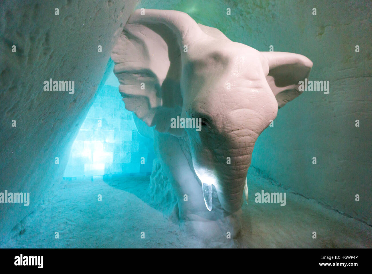 Elephant made of ice, Icehotel, Jukkasjärvi, Lapland, Norrbotten County, Sweden Stock Photo