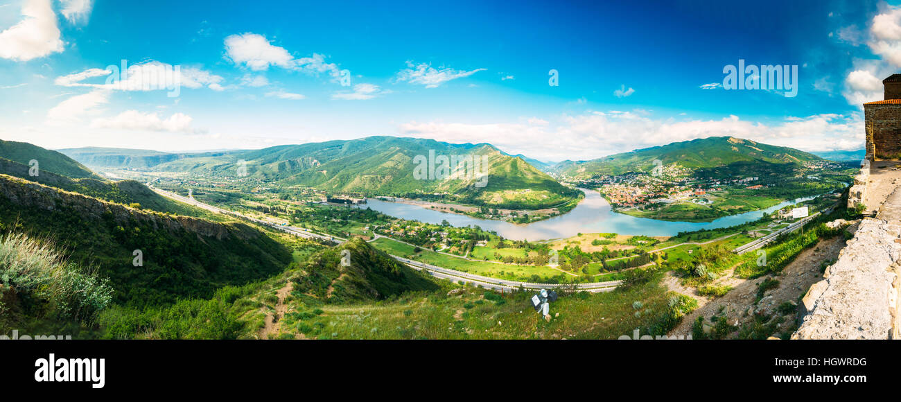 Panorama Of Mtskheta, Georgia, The Old Town Lies At The Confluence Of The Rivers Mtkvari And Aragvi. Svetitskhoveli Cathedral, Ancient Georgian Orthod Stock Photo