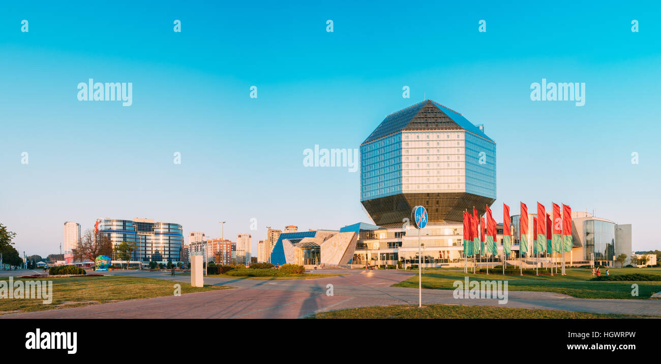 Panorama Scenic View Of Building Of National Library Of Belarus In Minsk. Famous Symbol Of Modern Belarusian Culture And Science Stock Photo