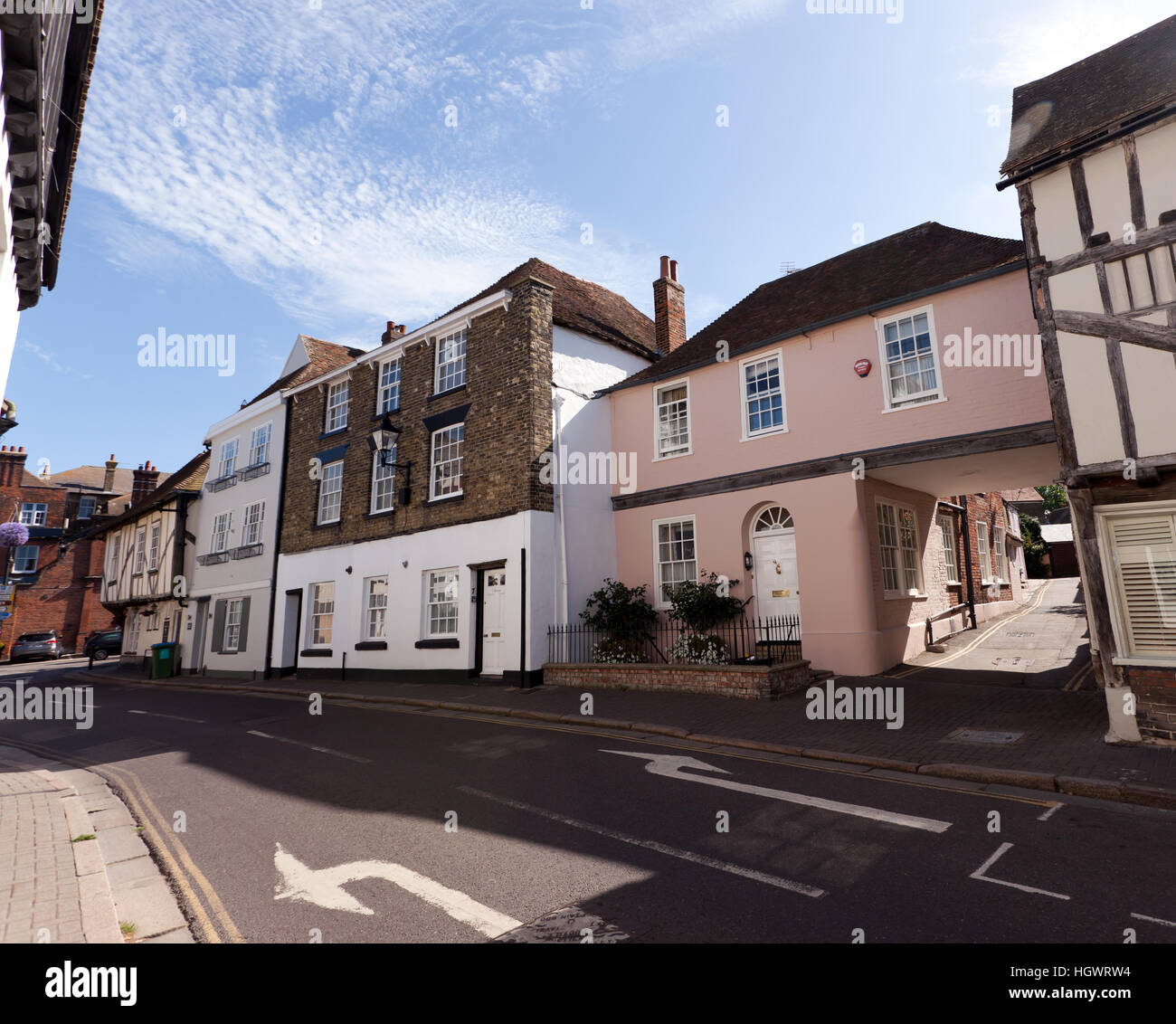 View along  Strand Street,Sandwich, Kent, showing some of the many lised period buildings in this historic old town. Stock Photo