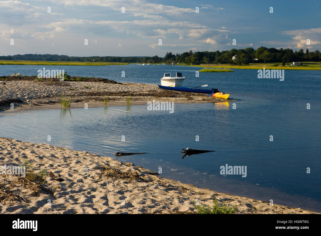 Kayaks on the beach at Griswold Point in Old Lyme, Connecticut. Mouth