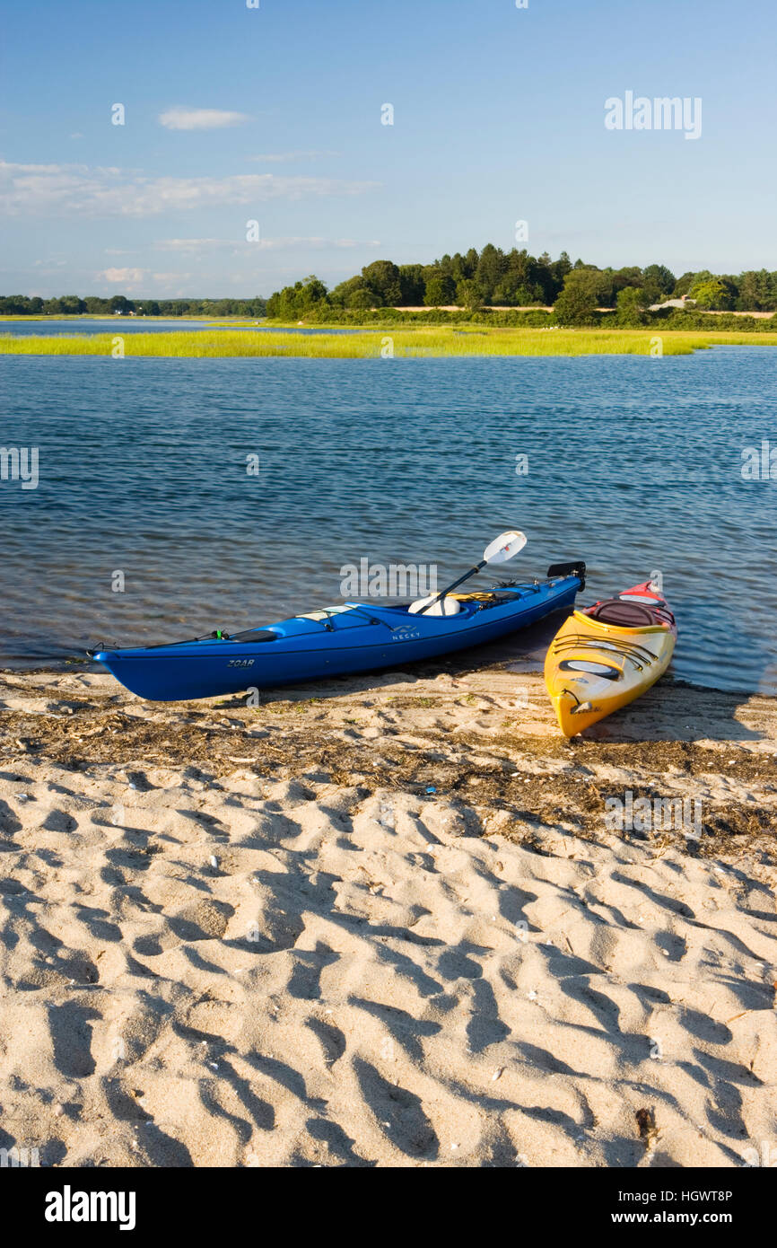 Kayaks on the beach at Griswold Point in Old Lyme, Connecticut. Mouth