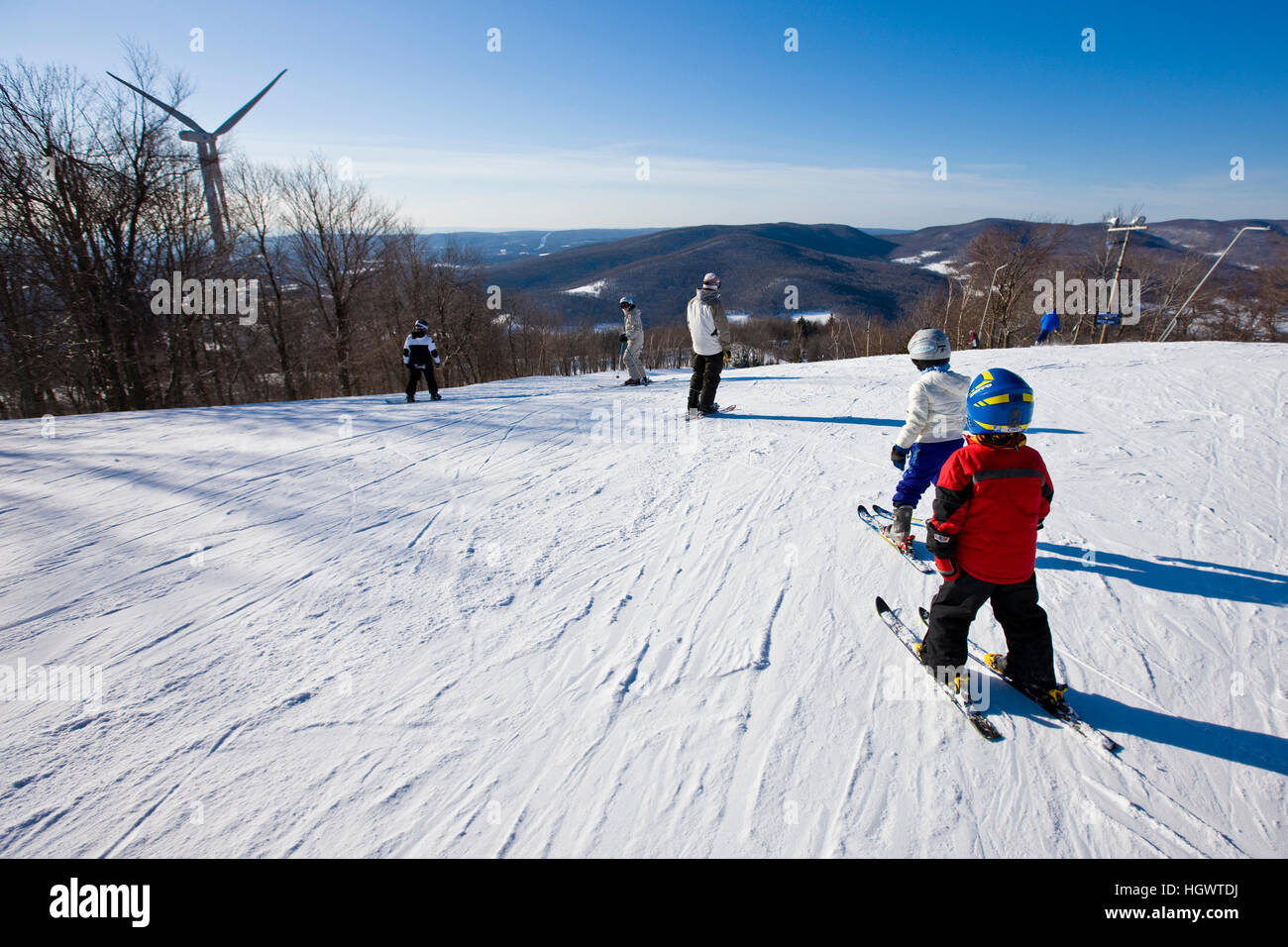 Skiers at Jiminy Peak ski resort in the Berkshire Mountains in Hancock