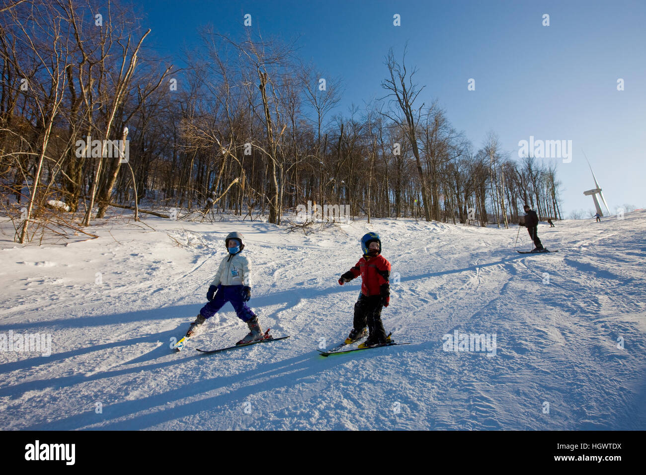 Skiers at Jiminy Peak ski resort in the Berkshire Mountains in Hancock