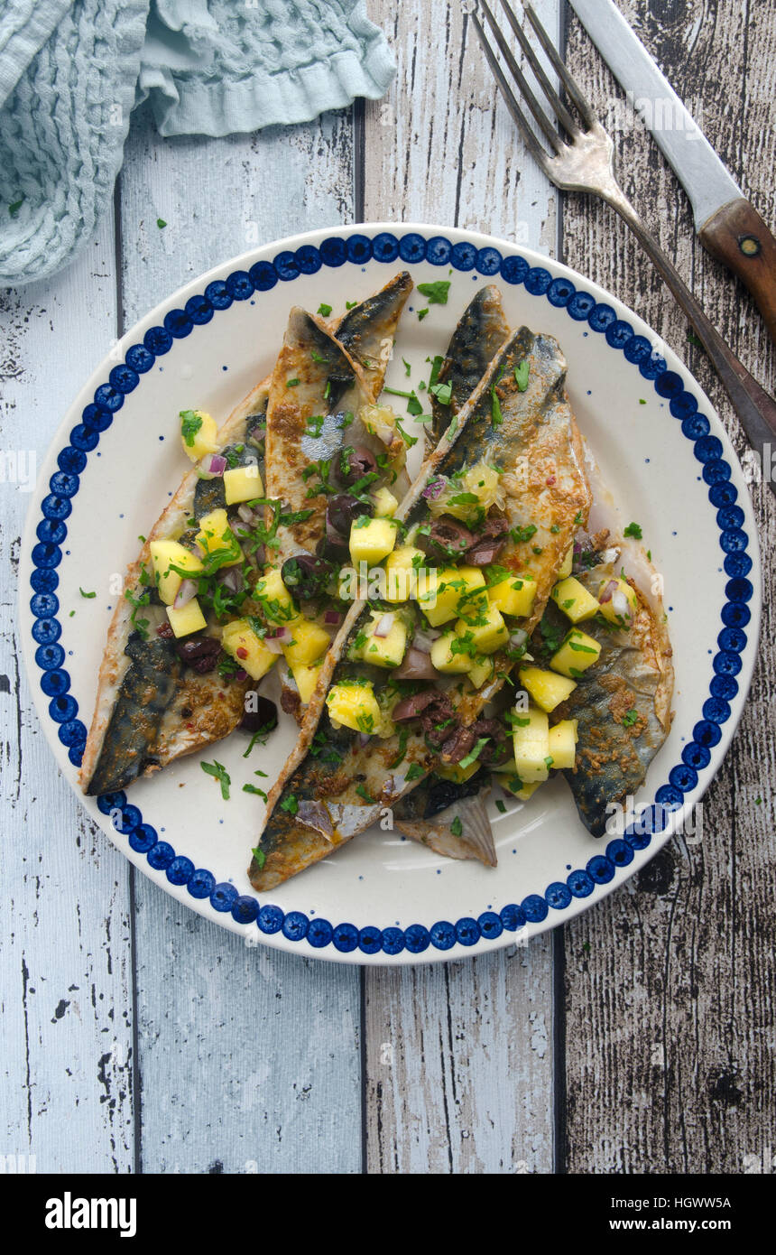 Panfried mackerel with golden beetroot and orange salsa Stock Photo