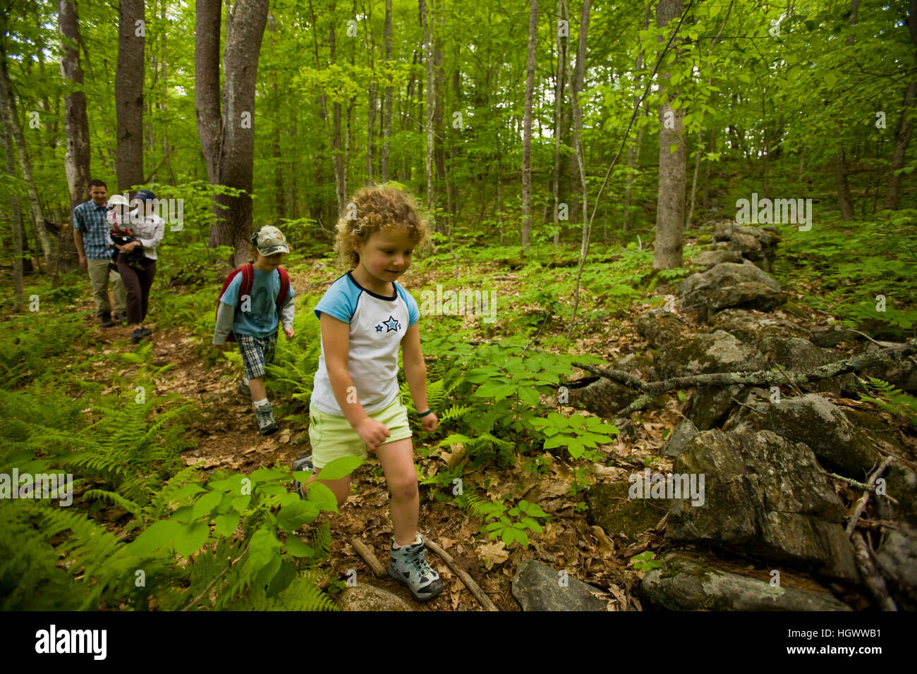 A family explores a woodland trail at Highland Farm in York, Maine. Model Released Stock Photo