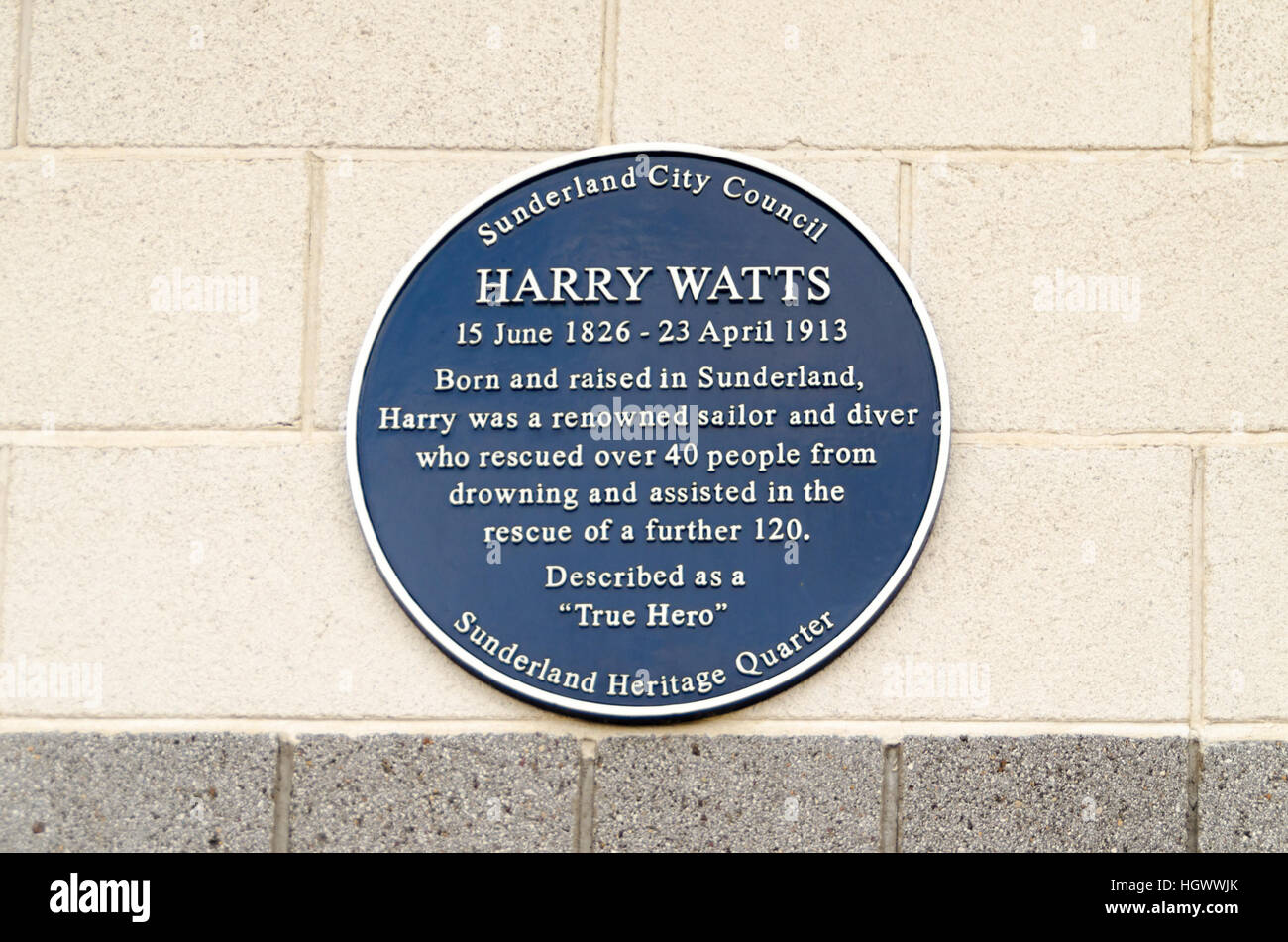 Blue Heritage Plaque for 'Harry Watts', renowned Sailor & Diver, located at the RNLI headquarters, Sunderland Marina, Sunderland Stock Photo
