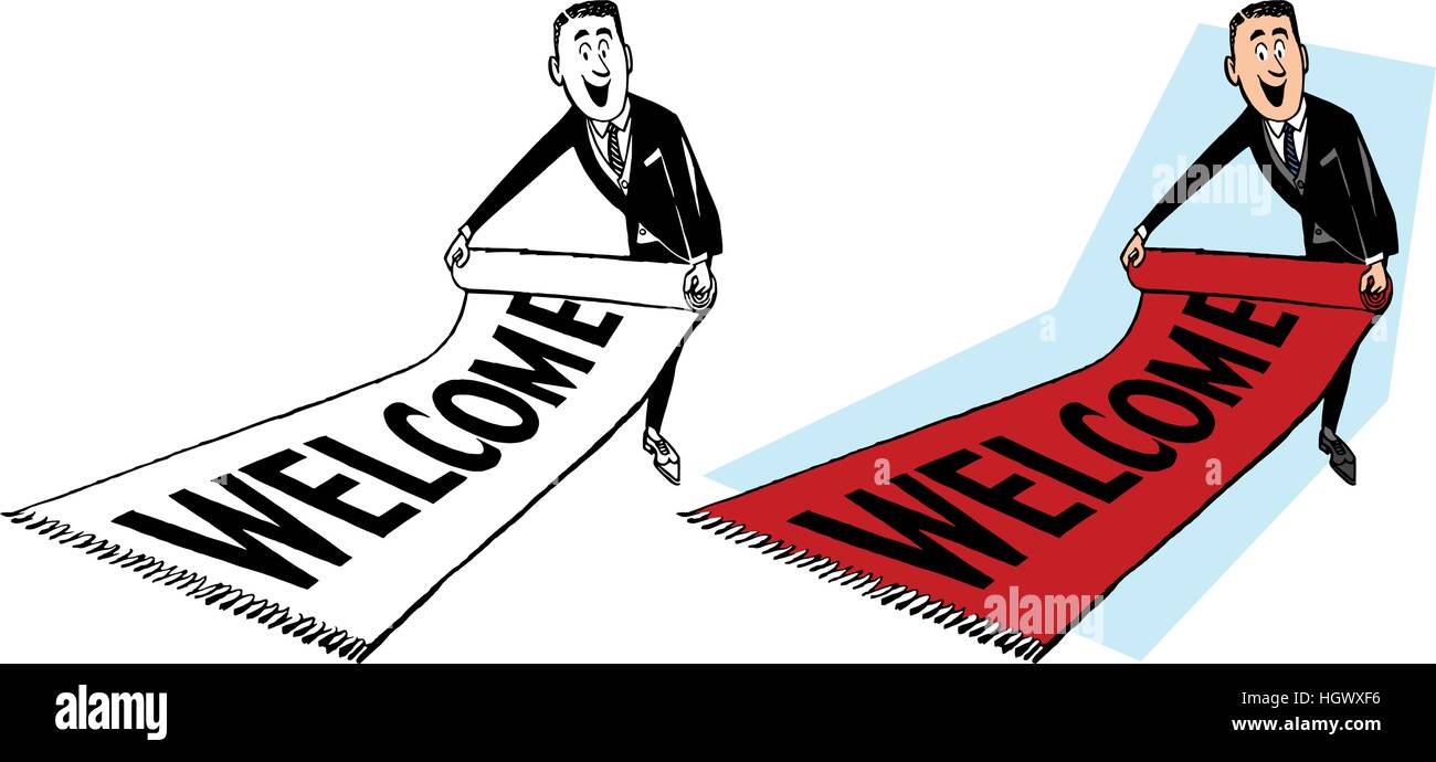 A man rolls out the welcome red carpet Stock Vector