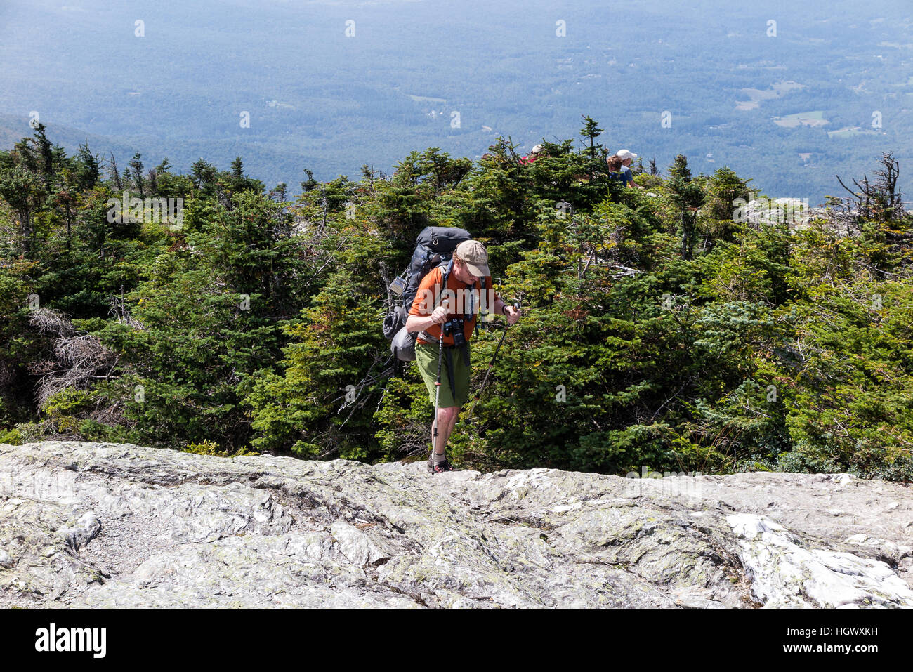 Adult Male Hiker, Wearing A Backpack And Using Trekking Poles, Walking 