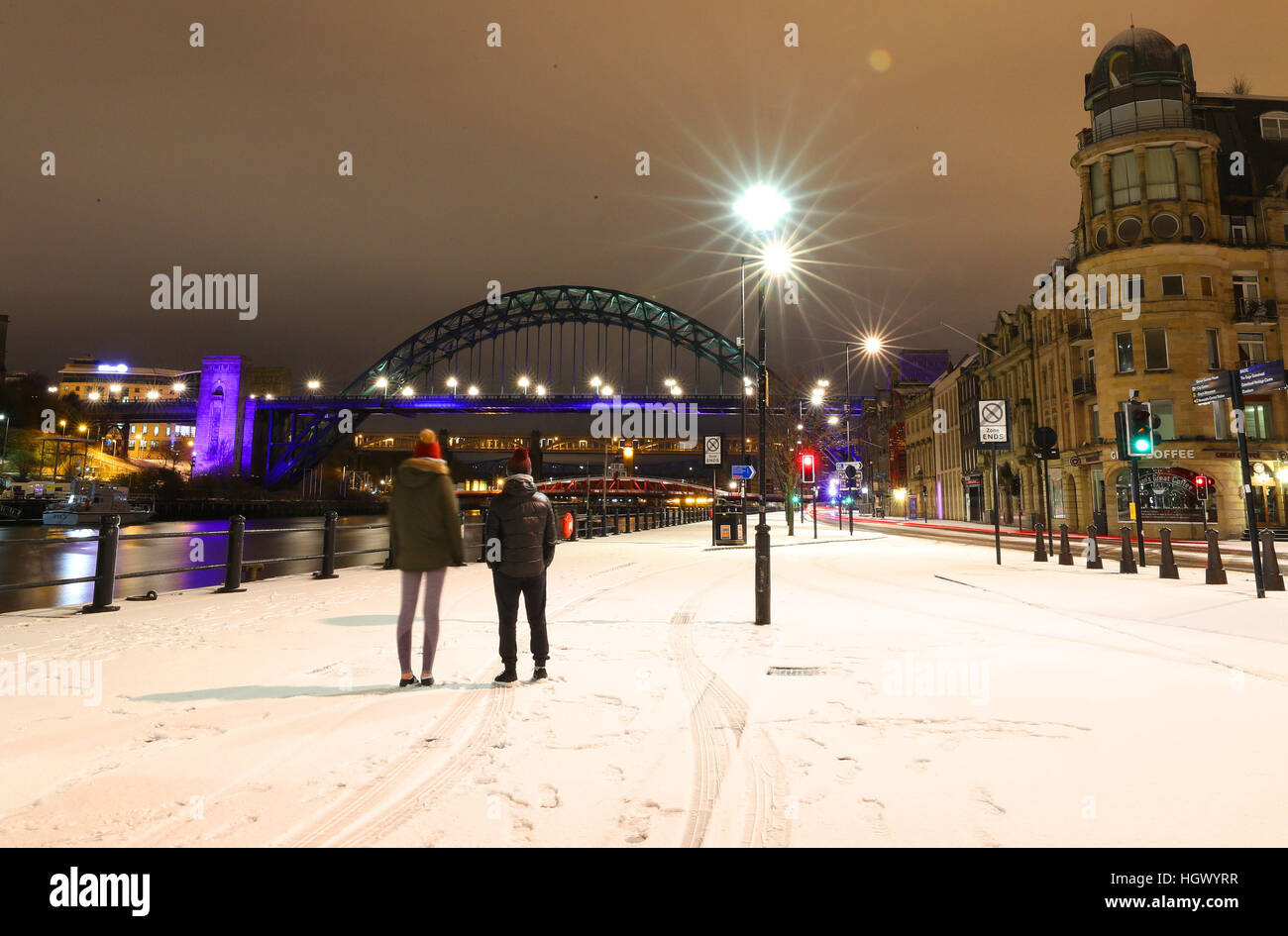 The Tyne Bridge in Newcastle after some overnight snow, as Scotland and the North of England were covered in a blanket of snow while the east coast was braced for a storm surge at Friday lunchtime. Stock Photo
