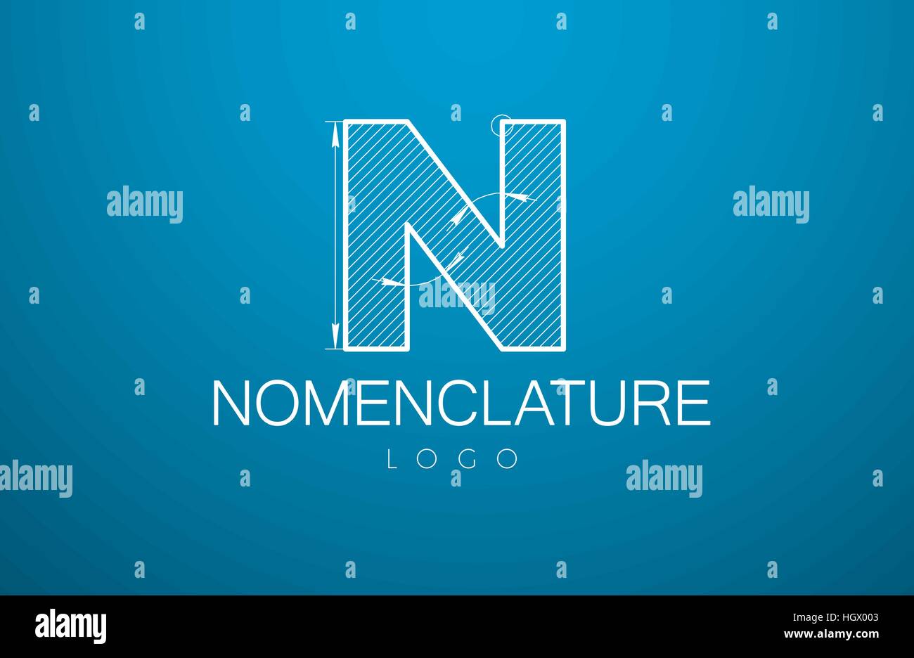 logo template letter N  in the style of a technical drawing. sign design and the text 'nomenclature' with dimension lines. Vector illustration Stock Vector