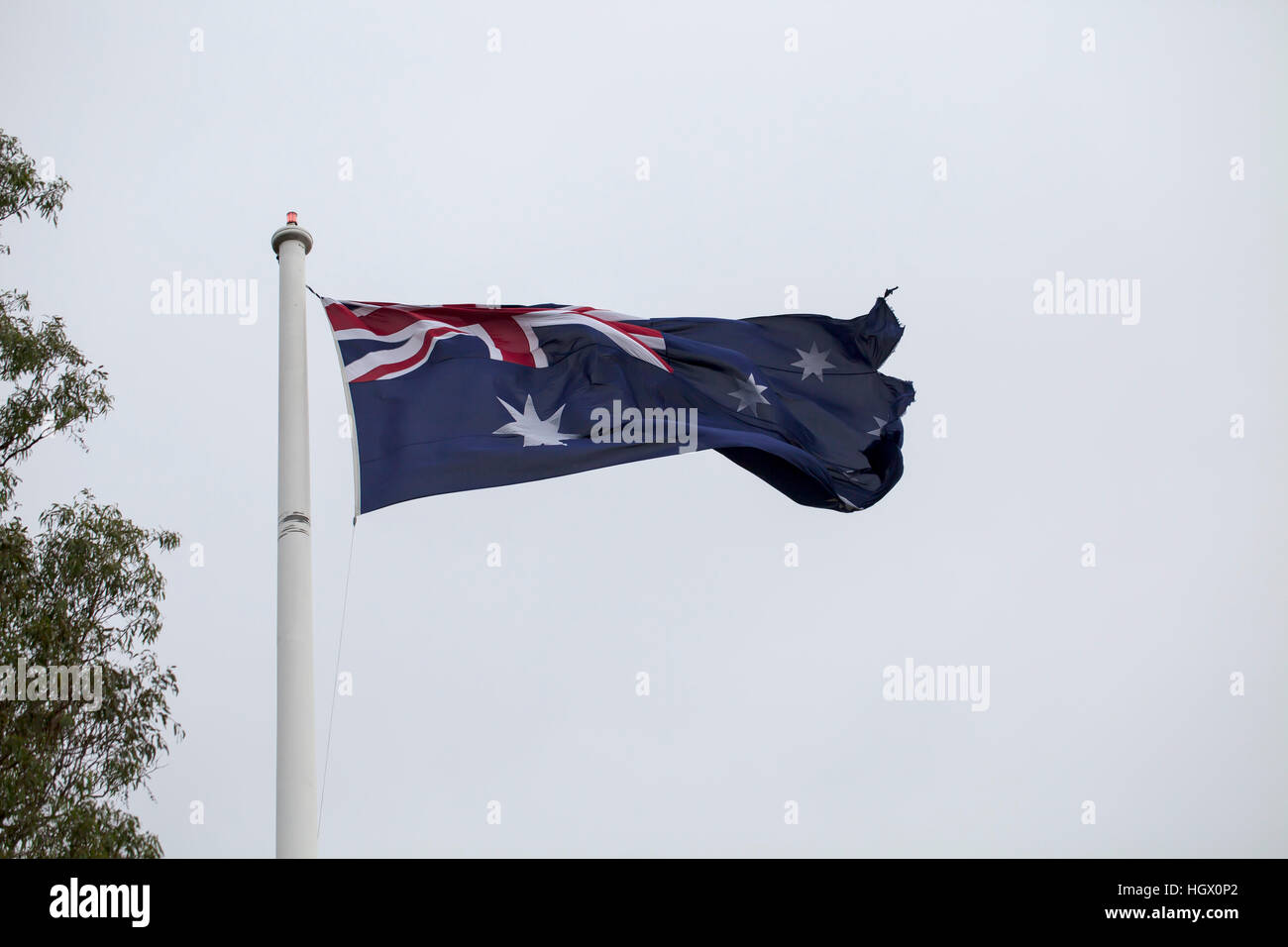 The Australian Flag. Hoist on a large flag pole in a reserve, a large  Australian flag is blown about by the wind Stock Photo - Alamy