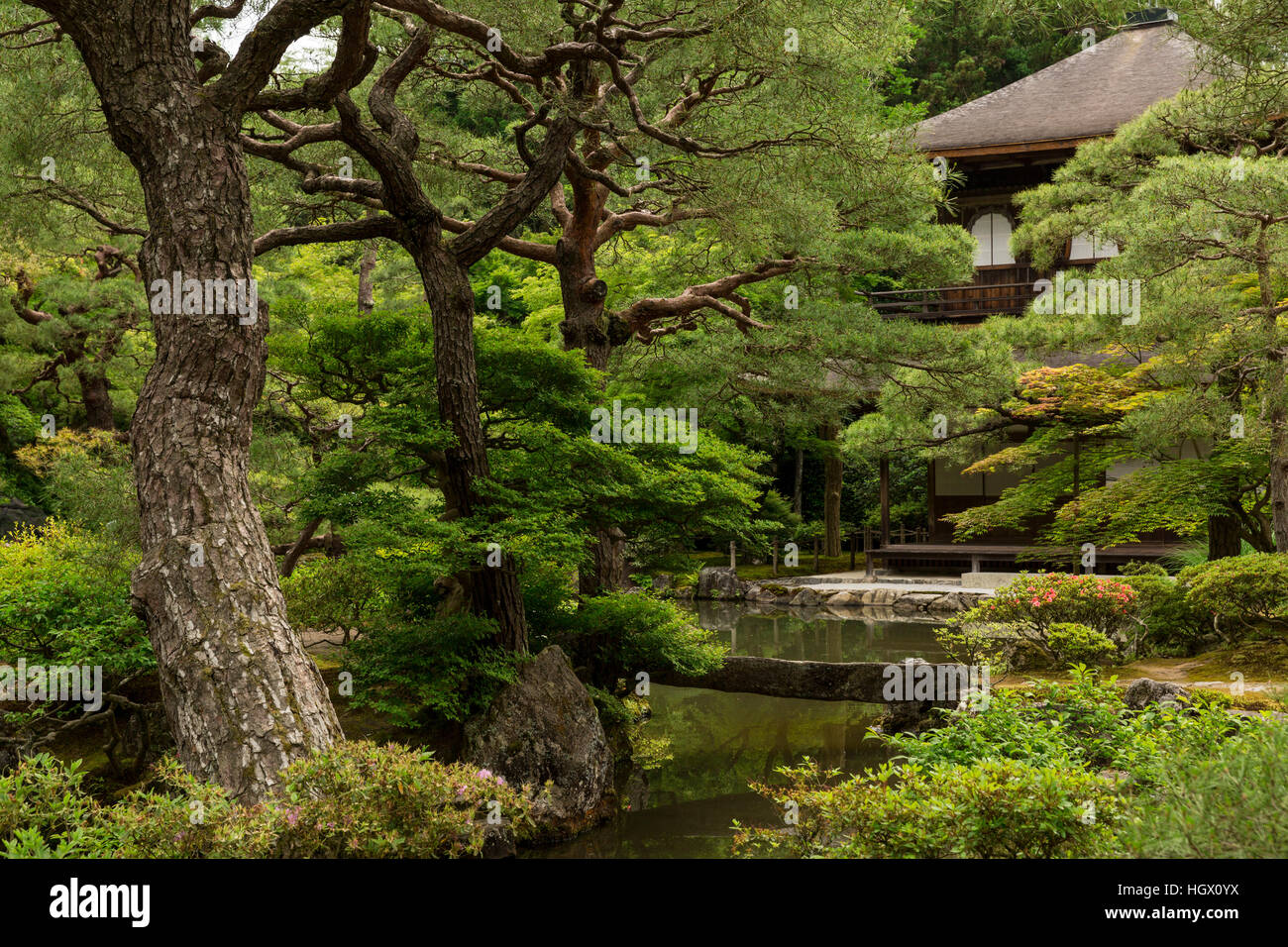 The pond and Kannon-den, the two storied main structure of Ginkaku-Ji, Kyoto, Japan Stock Photo