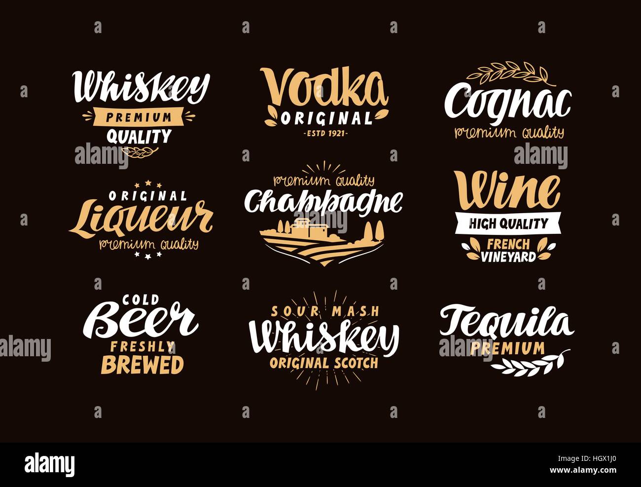 Menu bar, icons set. Labels of alcoholic drinks such as whiskey, vodka, wine, liqueur, champagne, beer tequila cognac Stock Vector