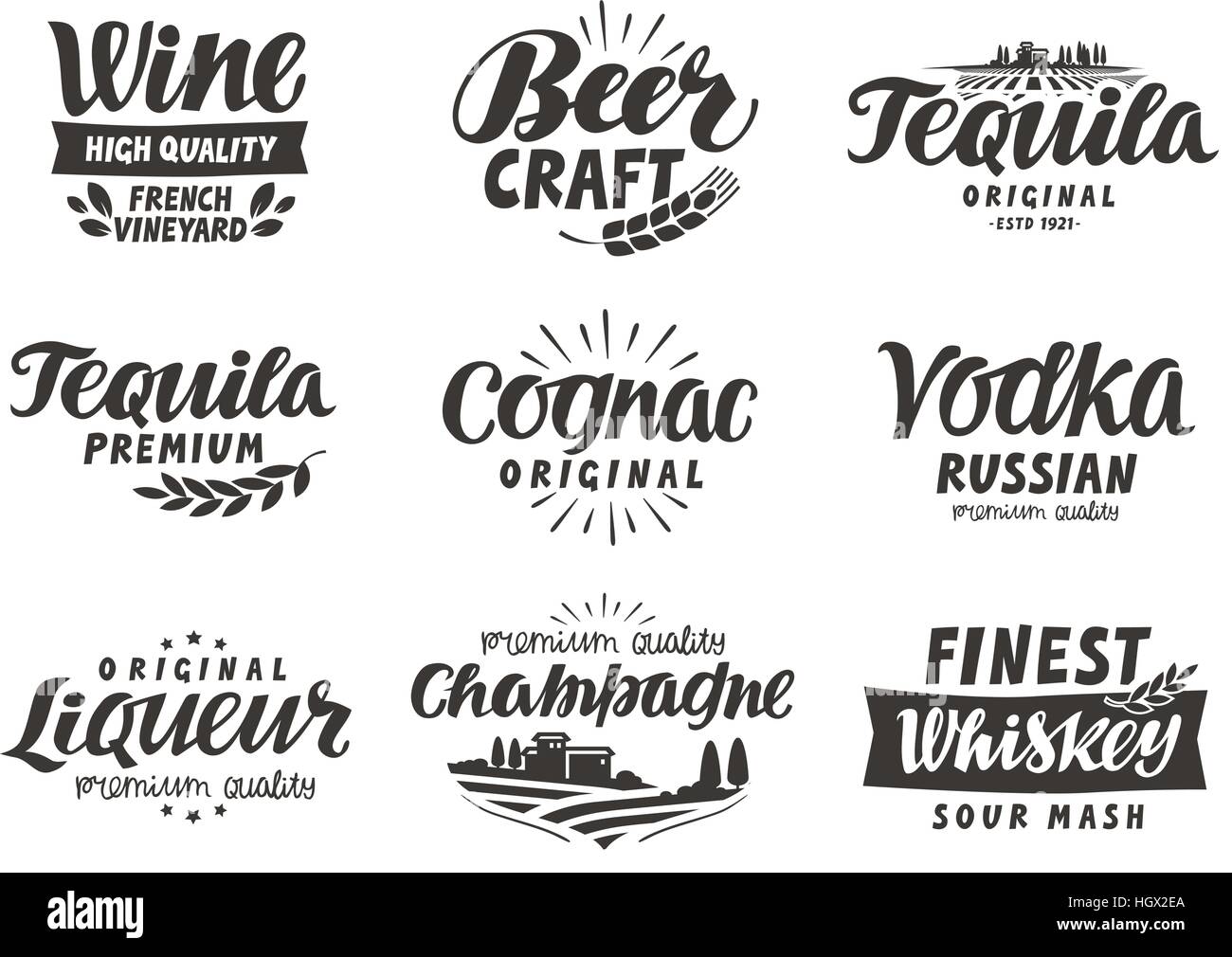 Alcoholic drink. Collection lettering, labels for menu design
