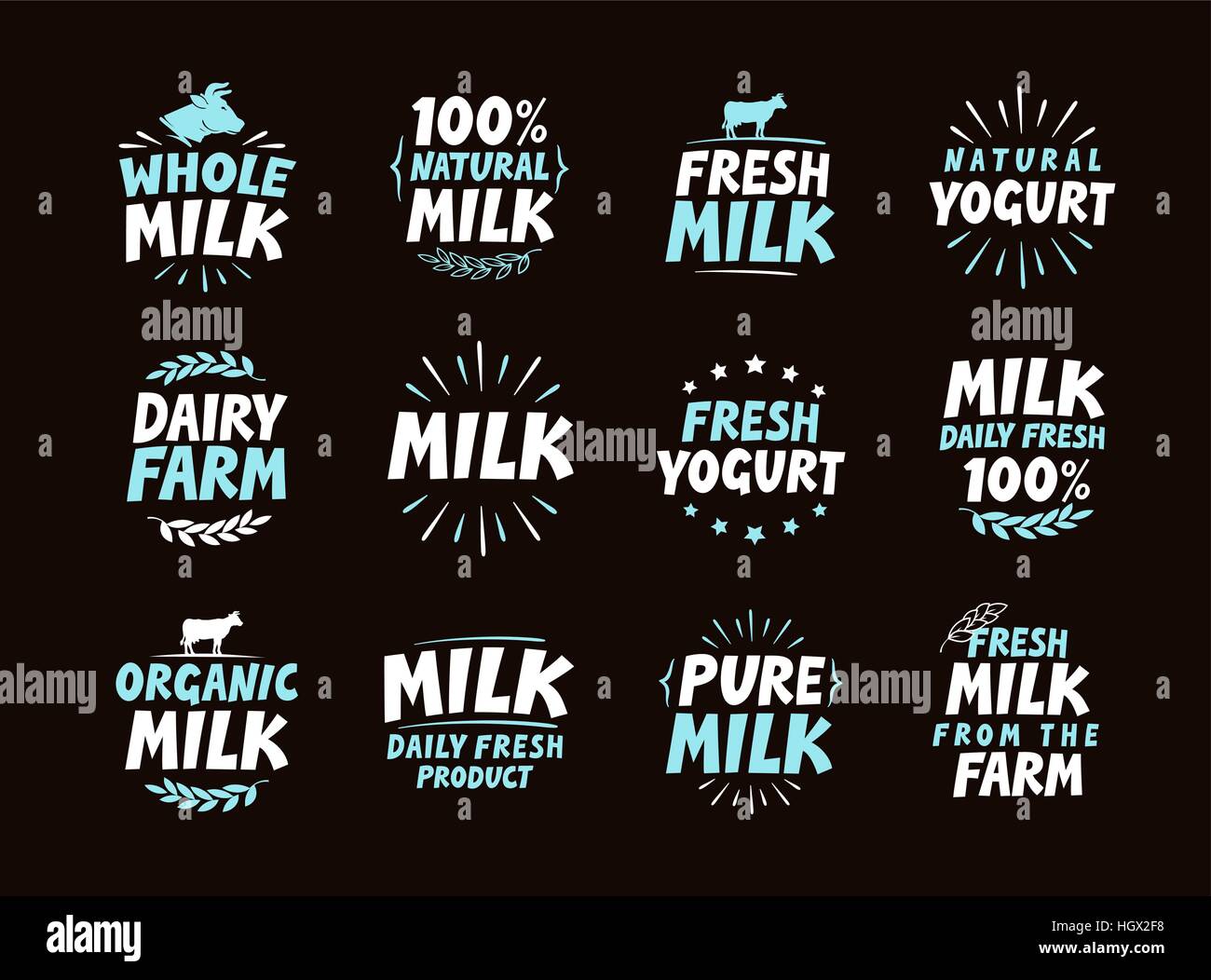 Fresh milk set logo, label, element. Dairy product emblem, template