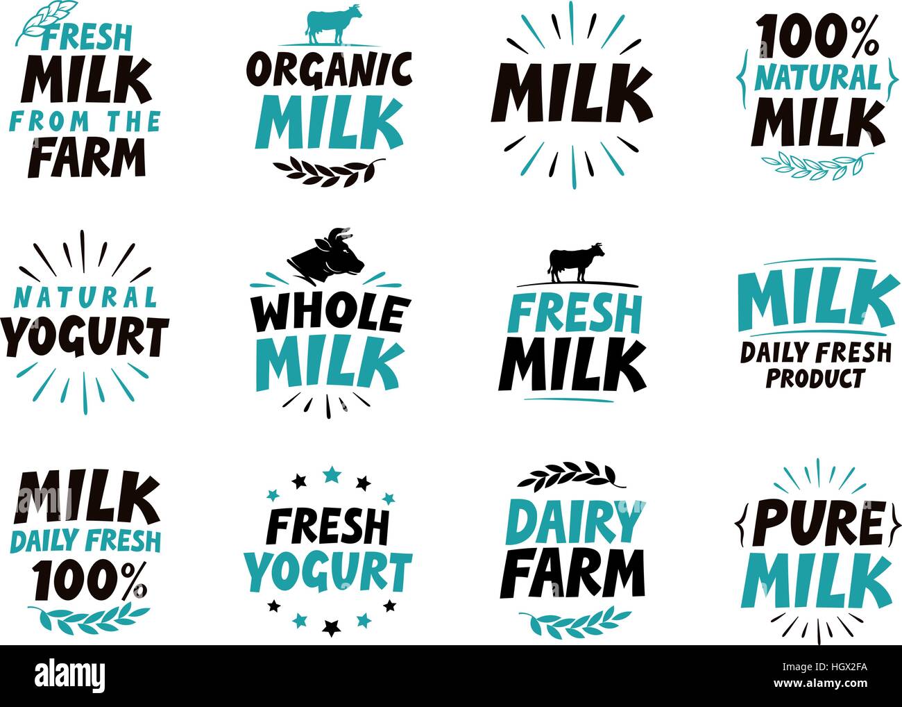 Milk set icons. Food, drink symbol. Text vector illustration Stock Vector