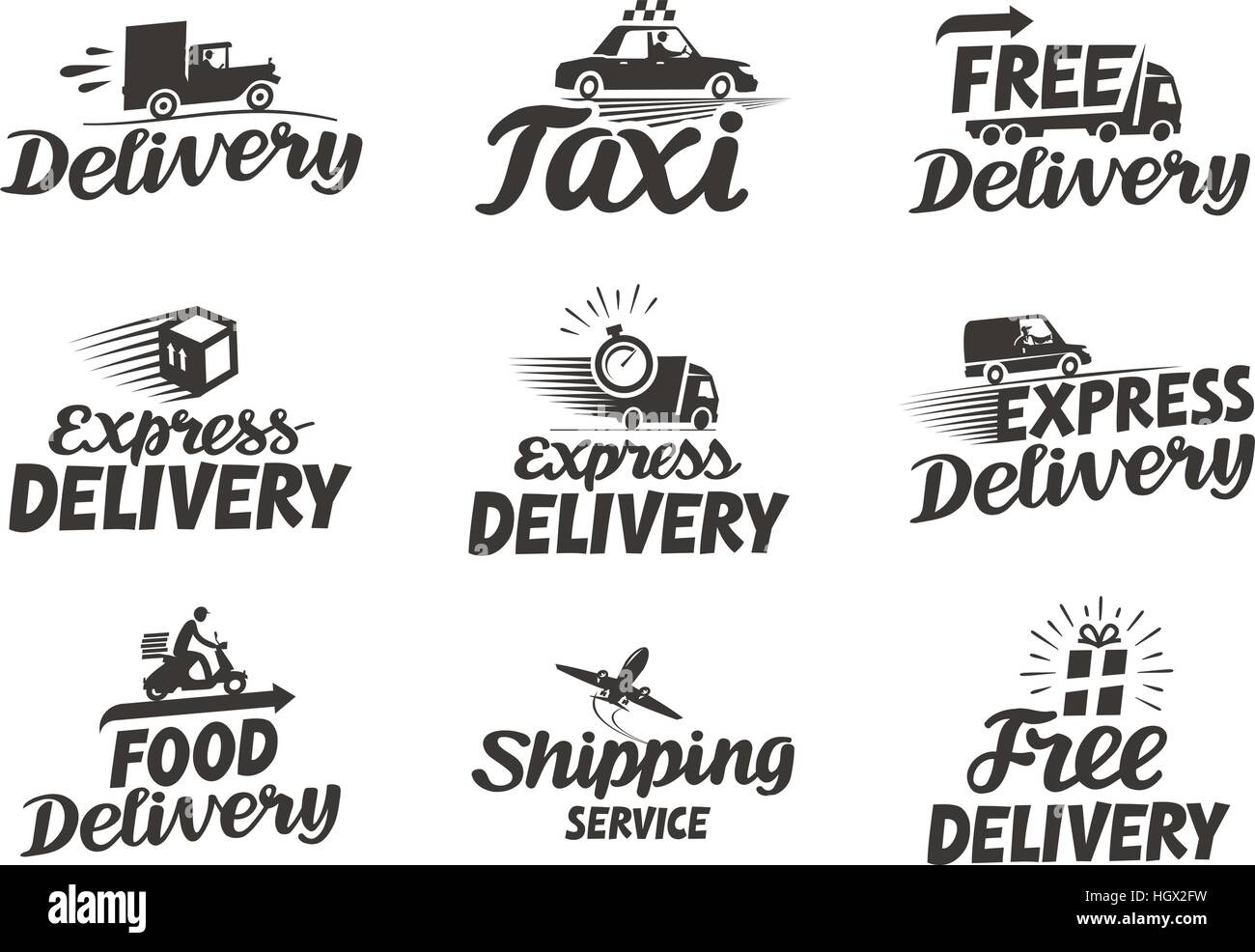 Simple yellow and black pizza logos for delivery, bakery, product