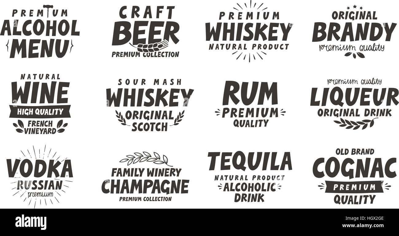 Menu, alcoholic drinks. Vector labels wine, beer, whiskey, brandy, rum ...