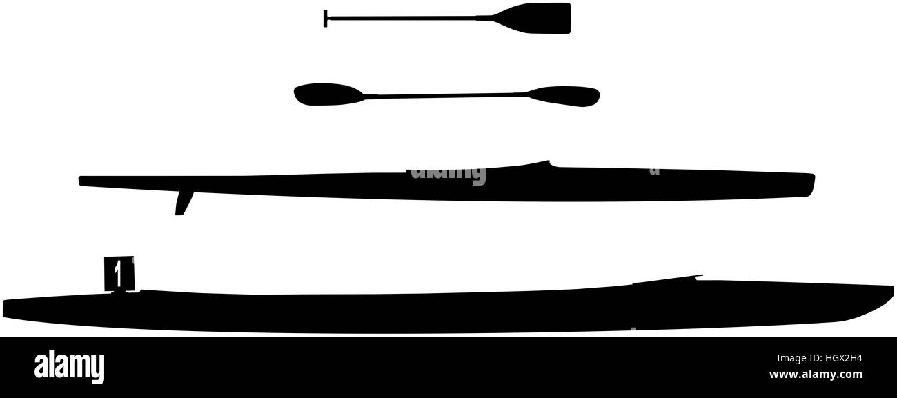 set black silhouette sports kayak and canoe and paddle Stock Photo