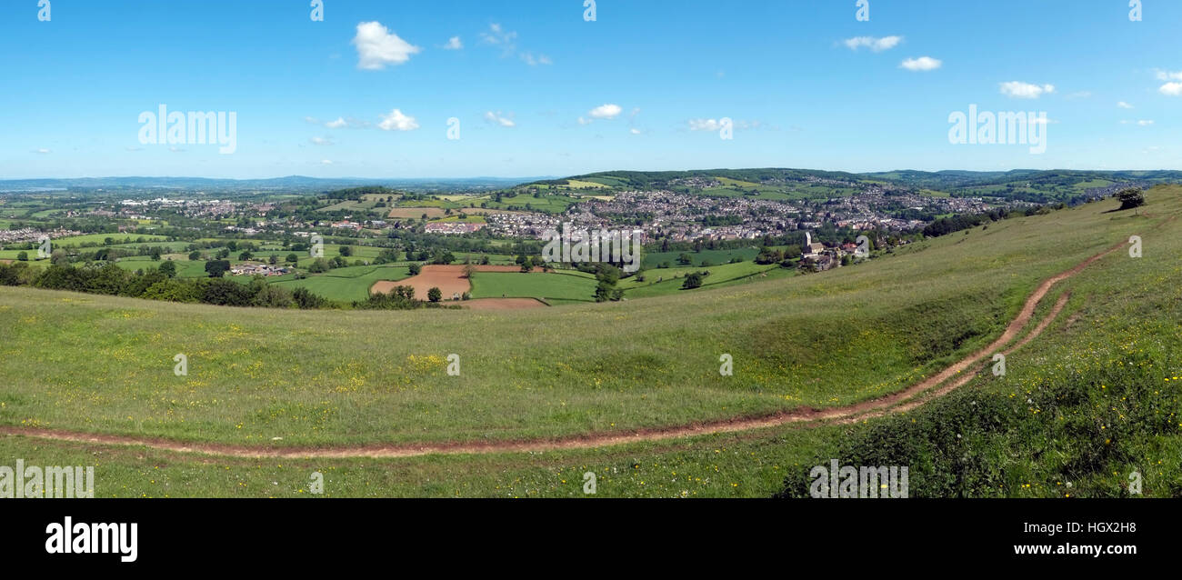 The view over Selsley village and the Stroud Valleys from Selsley Common, Gloucestershire, Cotswolds, UK Stock Photo
