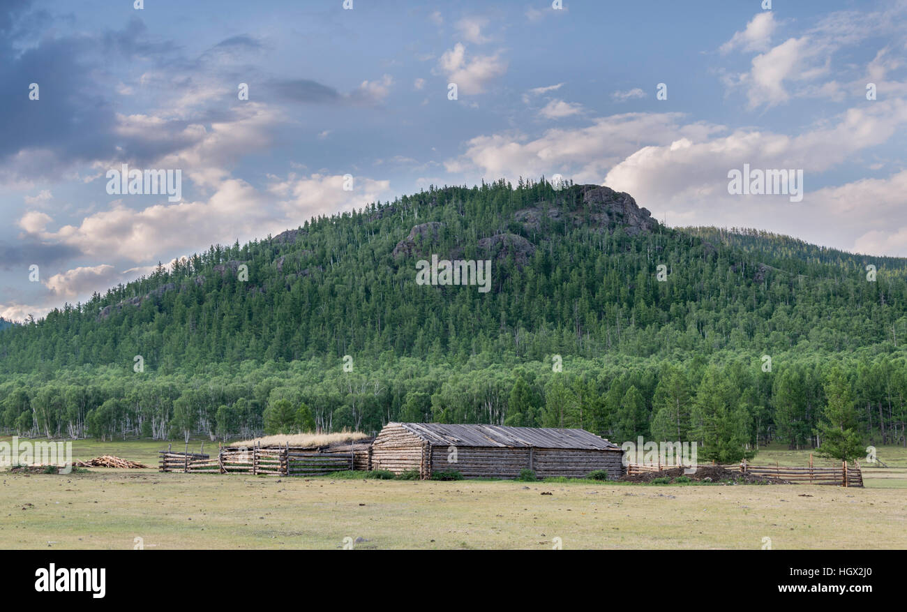Barn and corral,  on the Mongolian grassland with hills in the background, Mongolia, Asia Stock Photo