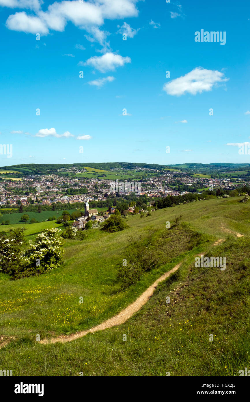 View over Selsey village and church to Stroud on the edge of the Cotswold Hills, Gloucestershire, UK Stock Photo