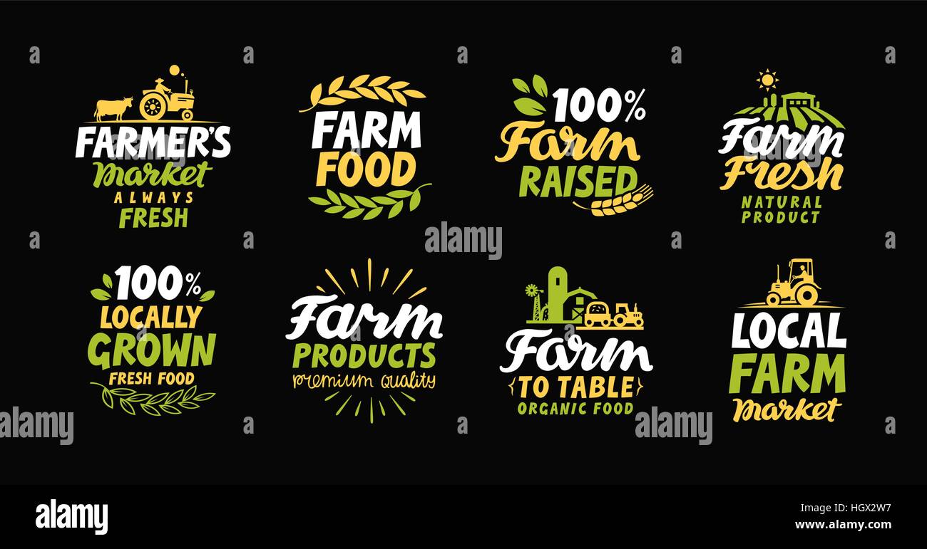 Farm fresh labels. Farmer icon. Farming logo. Organic, natural food collection symbol Stock Vector